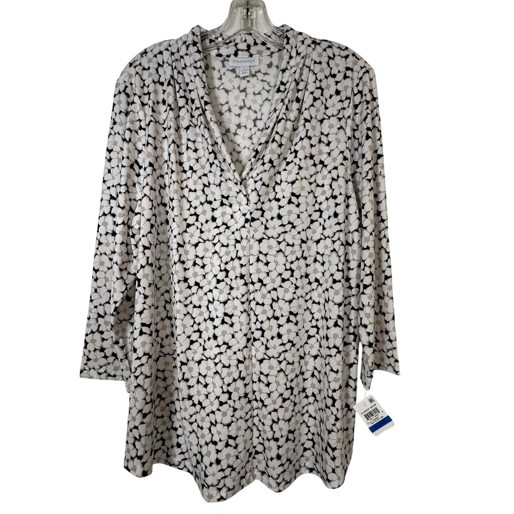 Charter Club Floral V-Neck Blouse Black White Tan 3/4 Sleeve XL New
